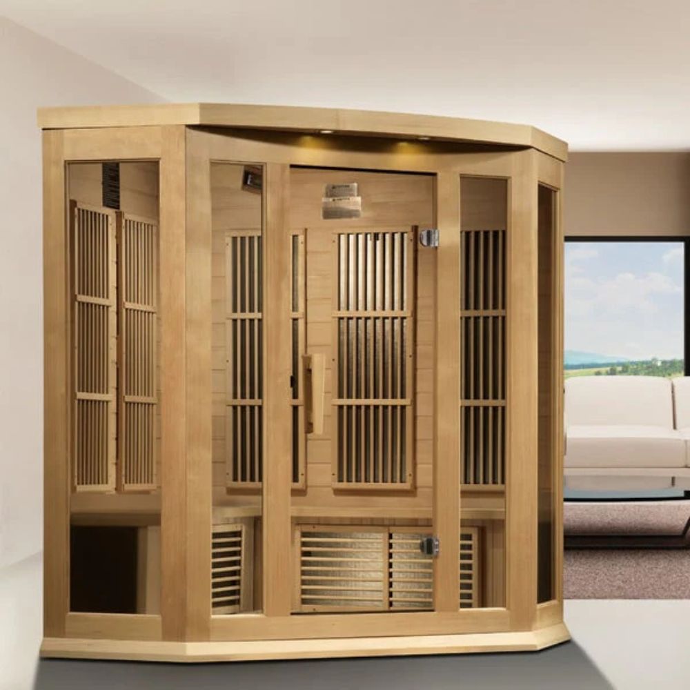 Wooden sauna with a modern interior design
