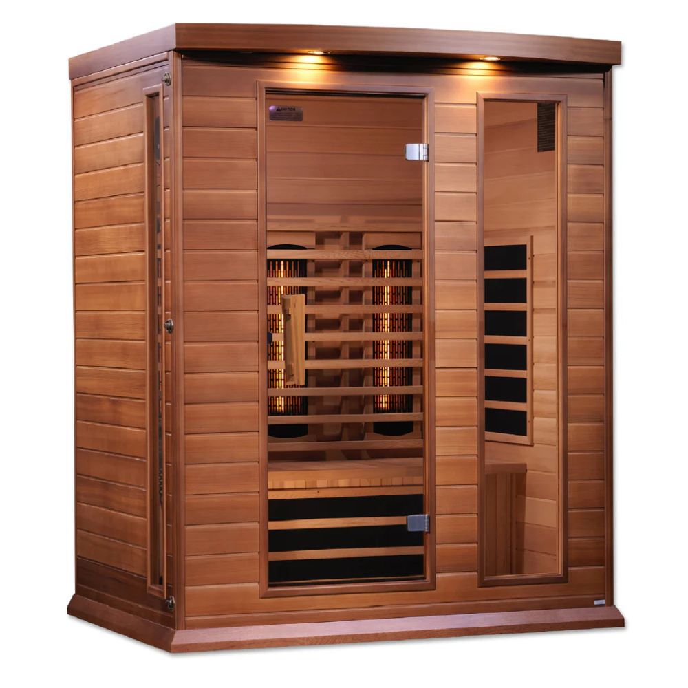 Wooden sauna with interior lights on a white background