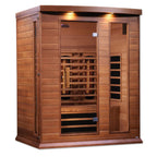 Wooden sauna with interior lights on a white background