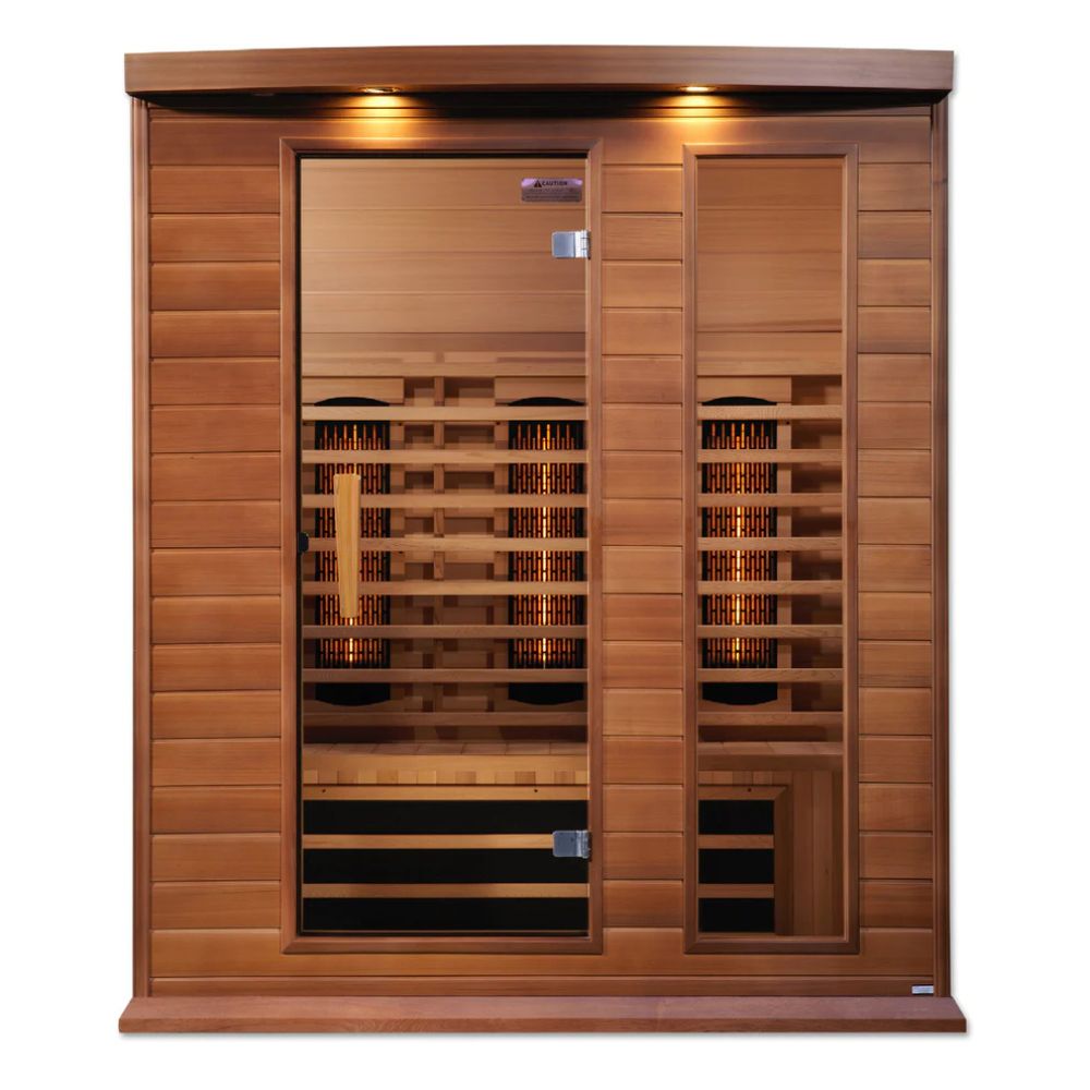Wooden sauna with glass door on a white background