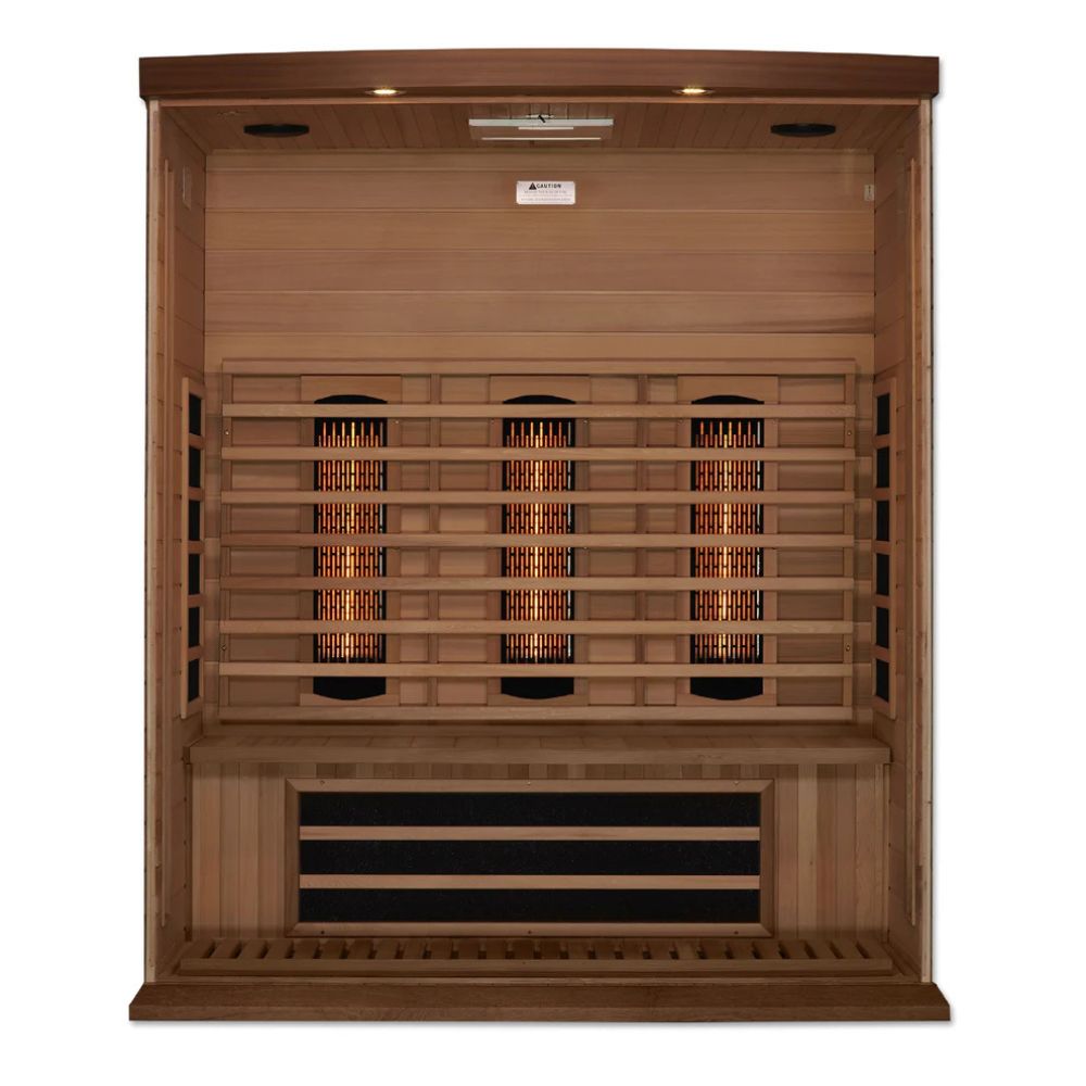 Wooden sauna with infrared lights on a white background