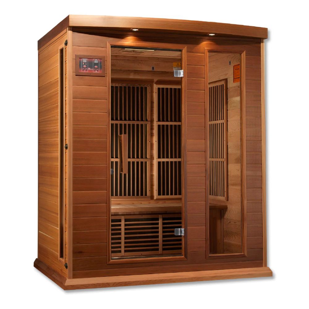 Wooden sauna with glass door on a white background