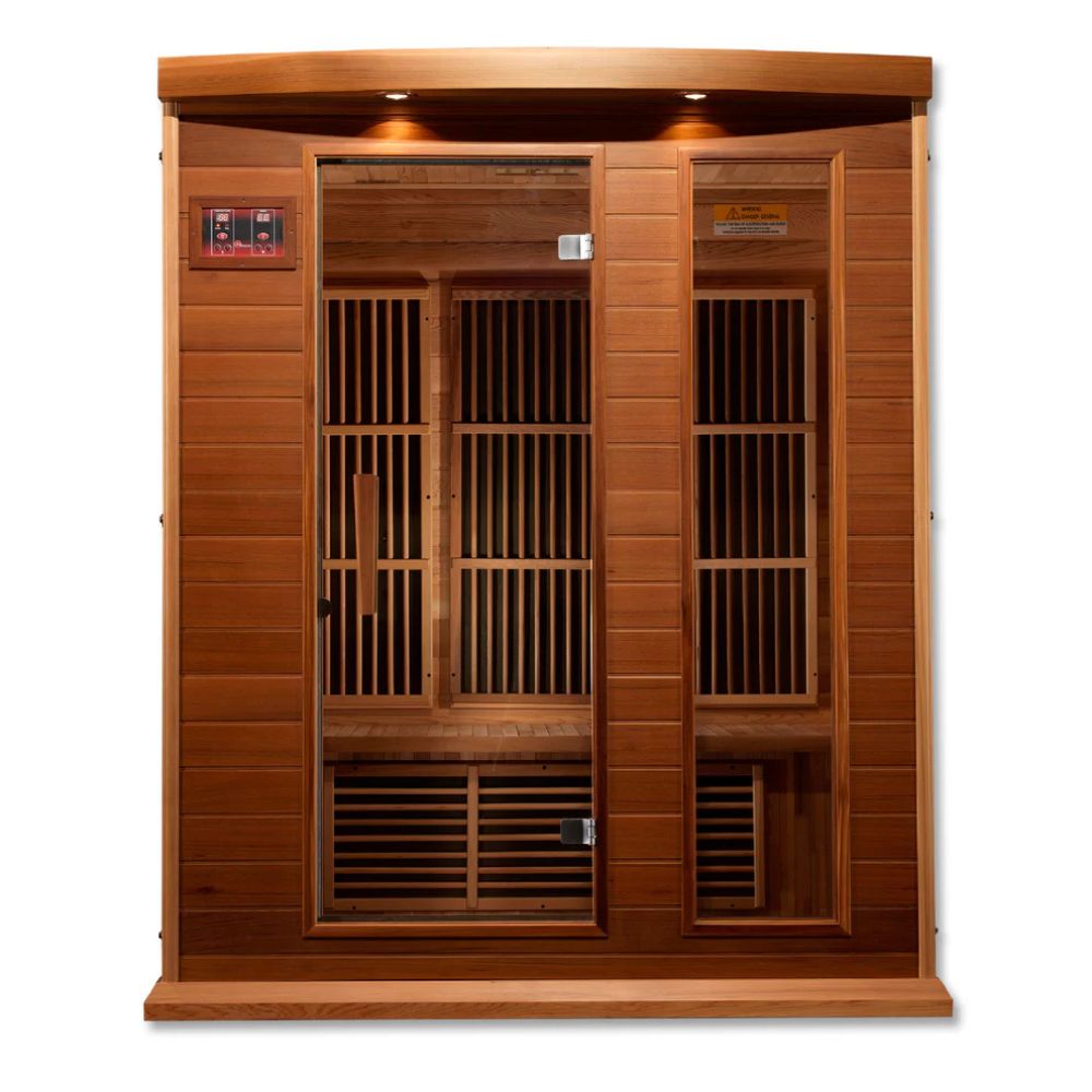 Wooden sauna with glass panels on a white background