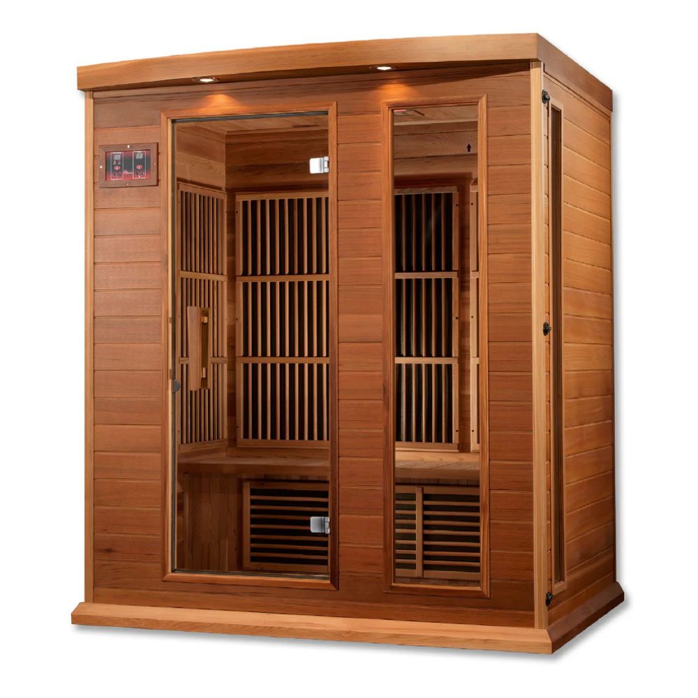 Wooden sauna with glass panels on a white background
