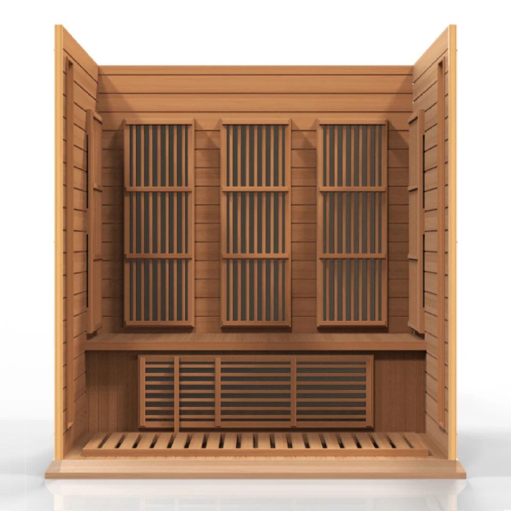 Wooden sauna with open doors on a white background