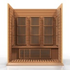 Wooden sauna with open doors on a white background