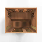 Wooden sauna interior with glass panels on a white background
