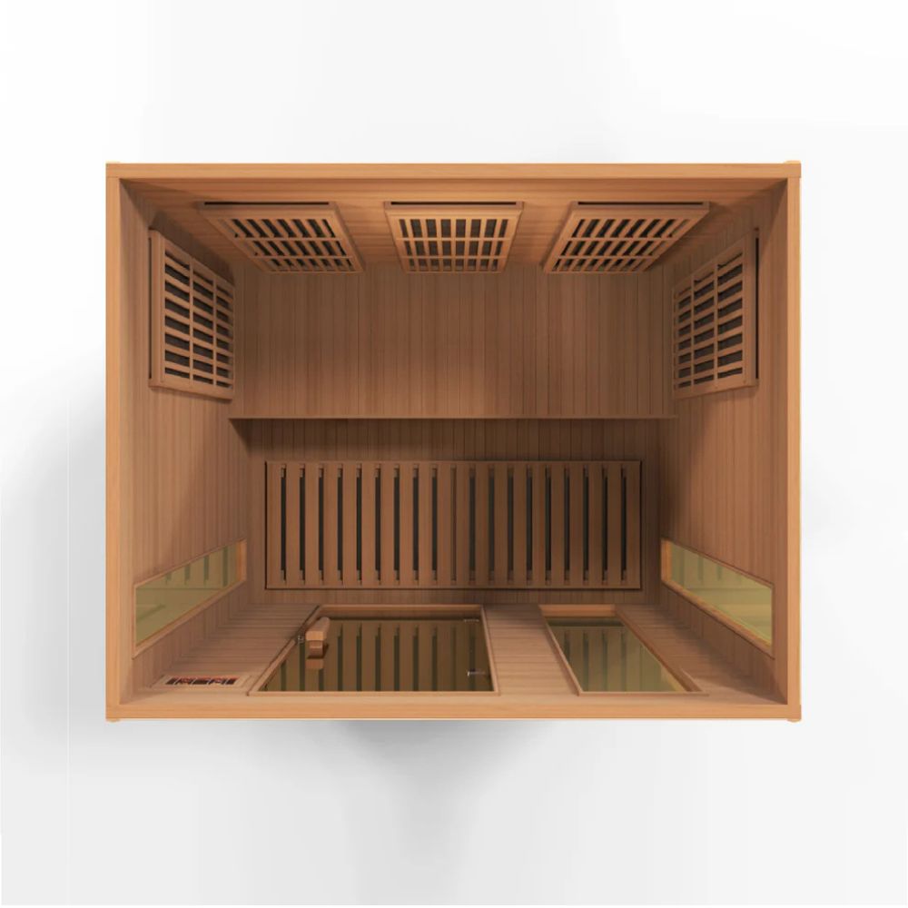Wooden sauna interior with glass panels on a white background