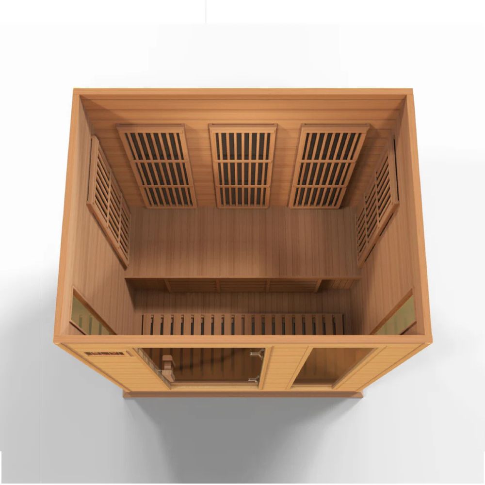Wooden sauna with lattice design on a white background