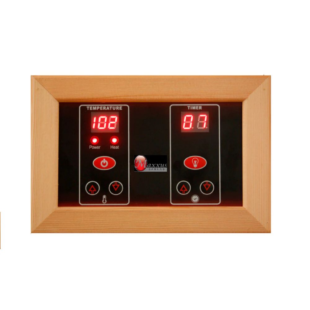 Digital control panel with temperature and timer display on a wooden frame.