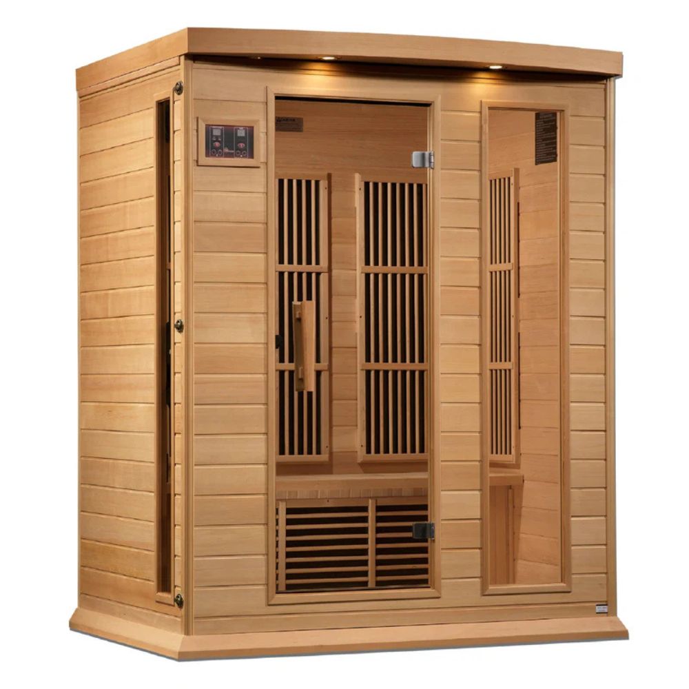 Wooden sauna with glass door on a white background