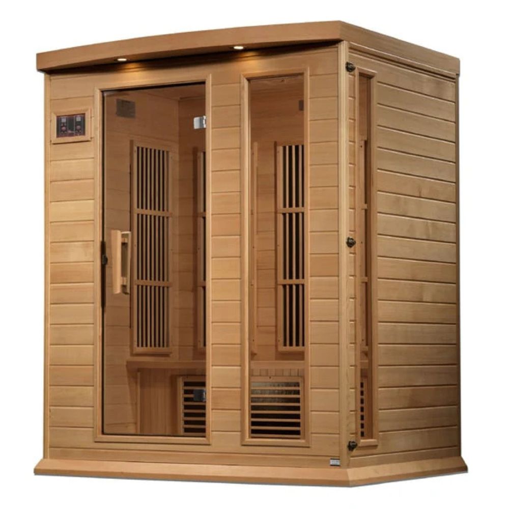Wooden sauna with double doors on a white background