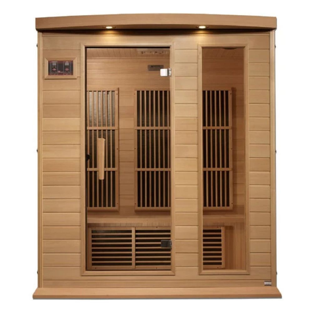 Wooden sauna with interior grid design on a white background
