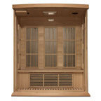 Wooden sauna with grid designs on a white background