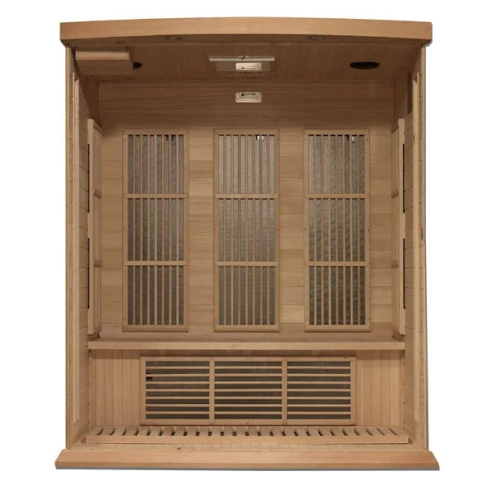 Wooden sauna with grid designs on a white background