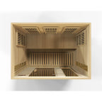 Wooden sauna interior with ventilation grilles on a white background