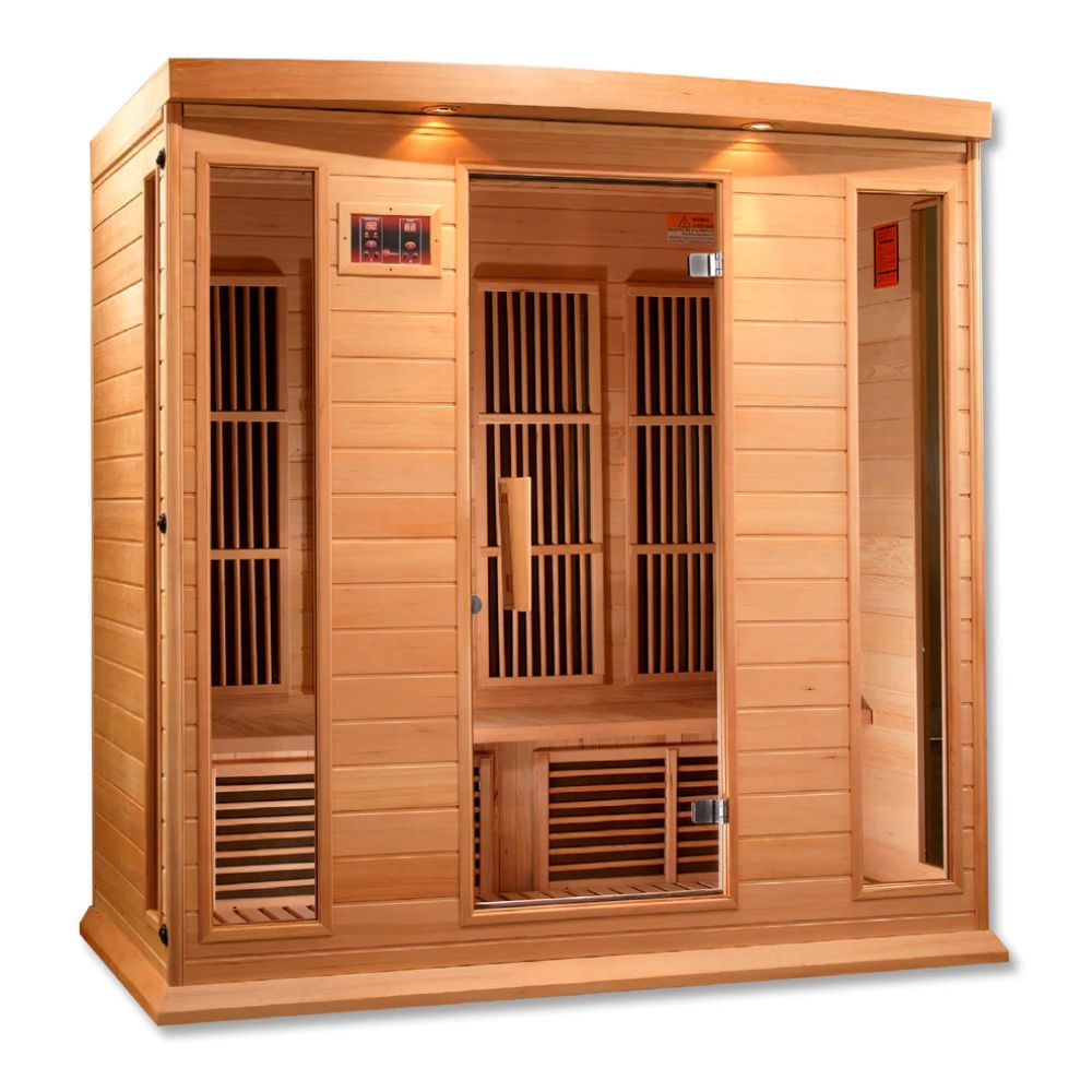 Wooden sauna with glass door on a white background