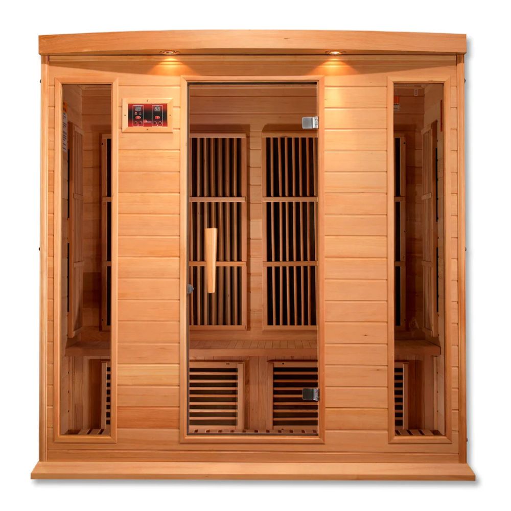 Wooden infrared sauna with glass doors on a white background