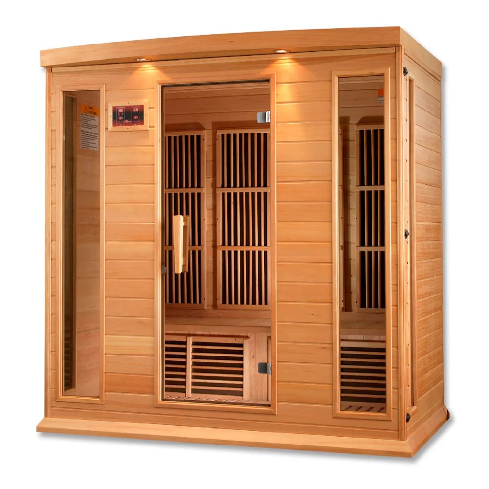 Wooden infrared sauna with glass doors on a white background