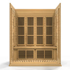 Wooden sauna with lattice design on a white background