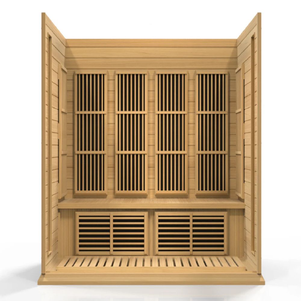 Wooden sauna with lattice design on a white background