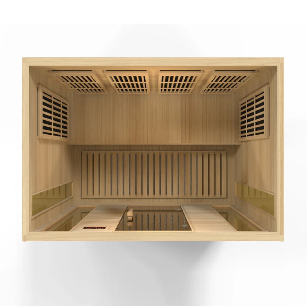 Wooden sauna interior with ventilation grilles on a white background