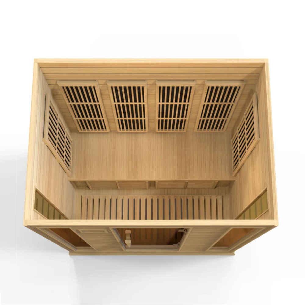 Wooden sauna with grid design on a white background