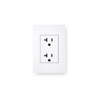 White wall outlet with black socket design on a white background
