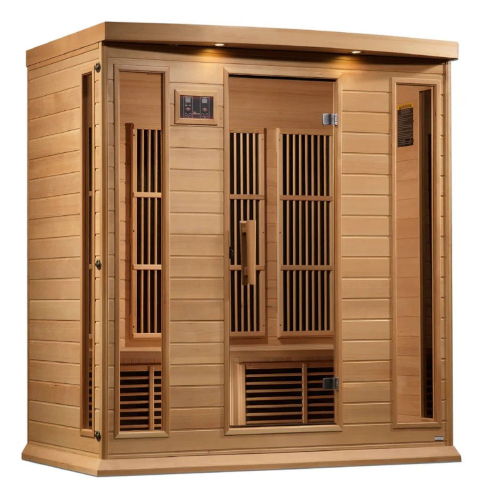 Wooden sauna with glass doors on a white background