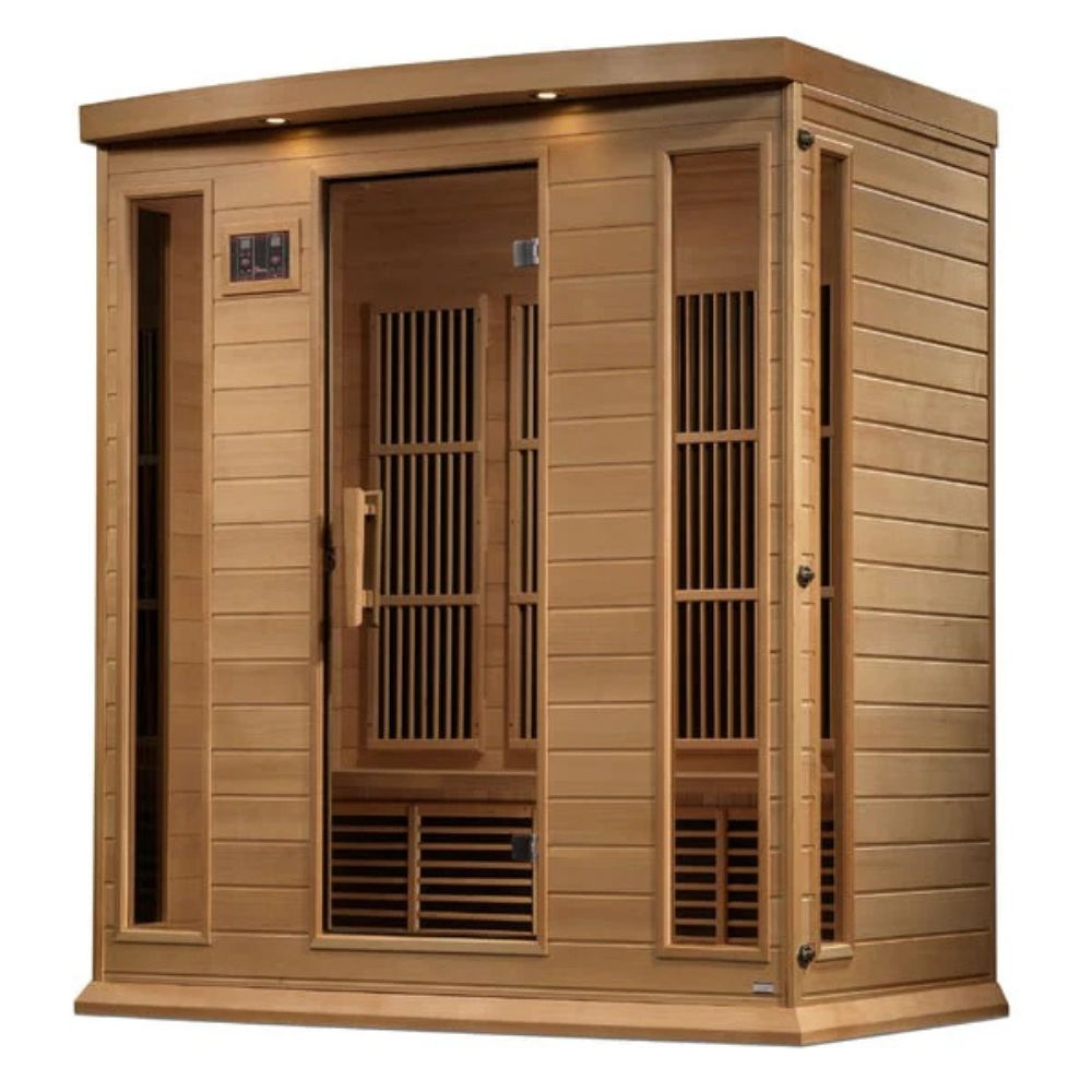 Wooden sauna with glass doors on a white background