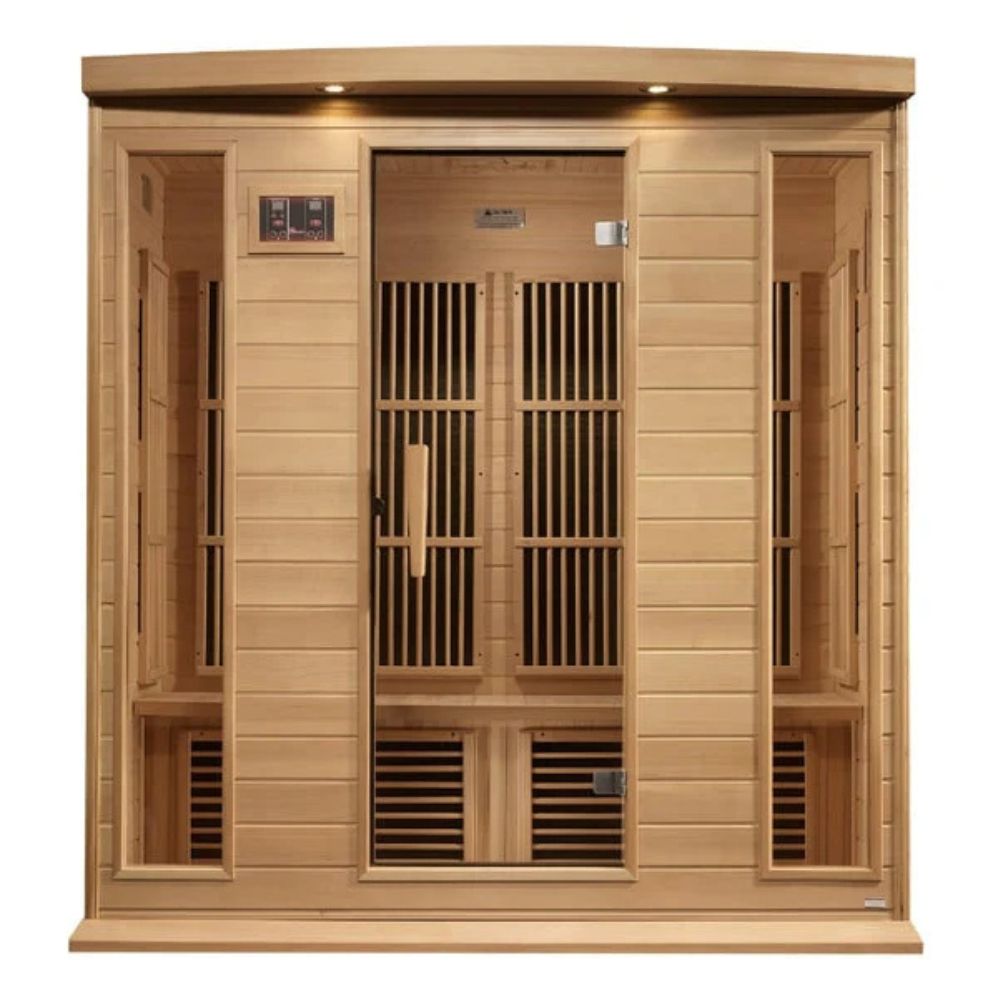 Wooden sauna with a door on a white background