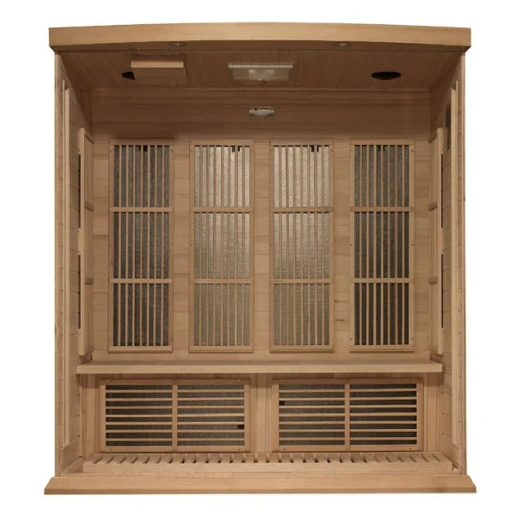Wooden sauna with glass panels on a white background