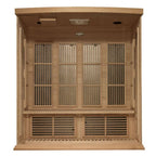Wooden sauna with glass panels on a white background