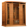 Wooden sauna with glass doors on a white background