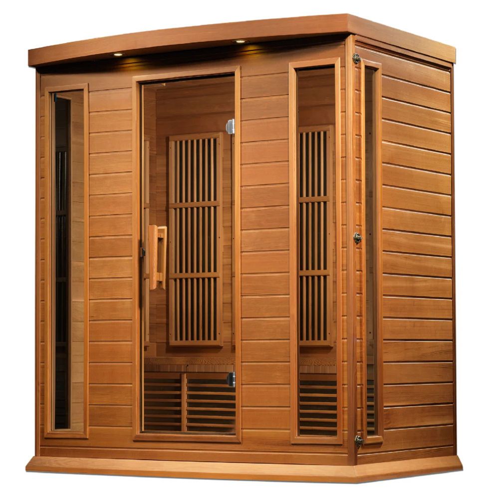 Wooden sauna with two doors on a white background