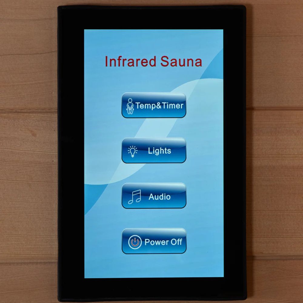Infrared sauna control panel with touch screen interface on a wooden surface
