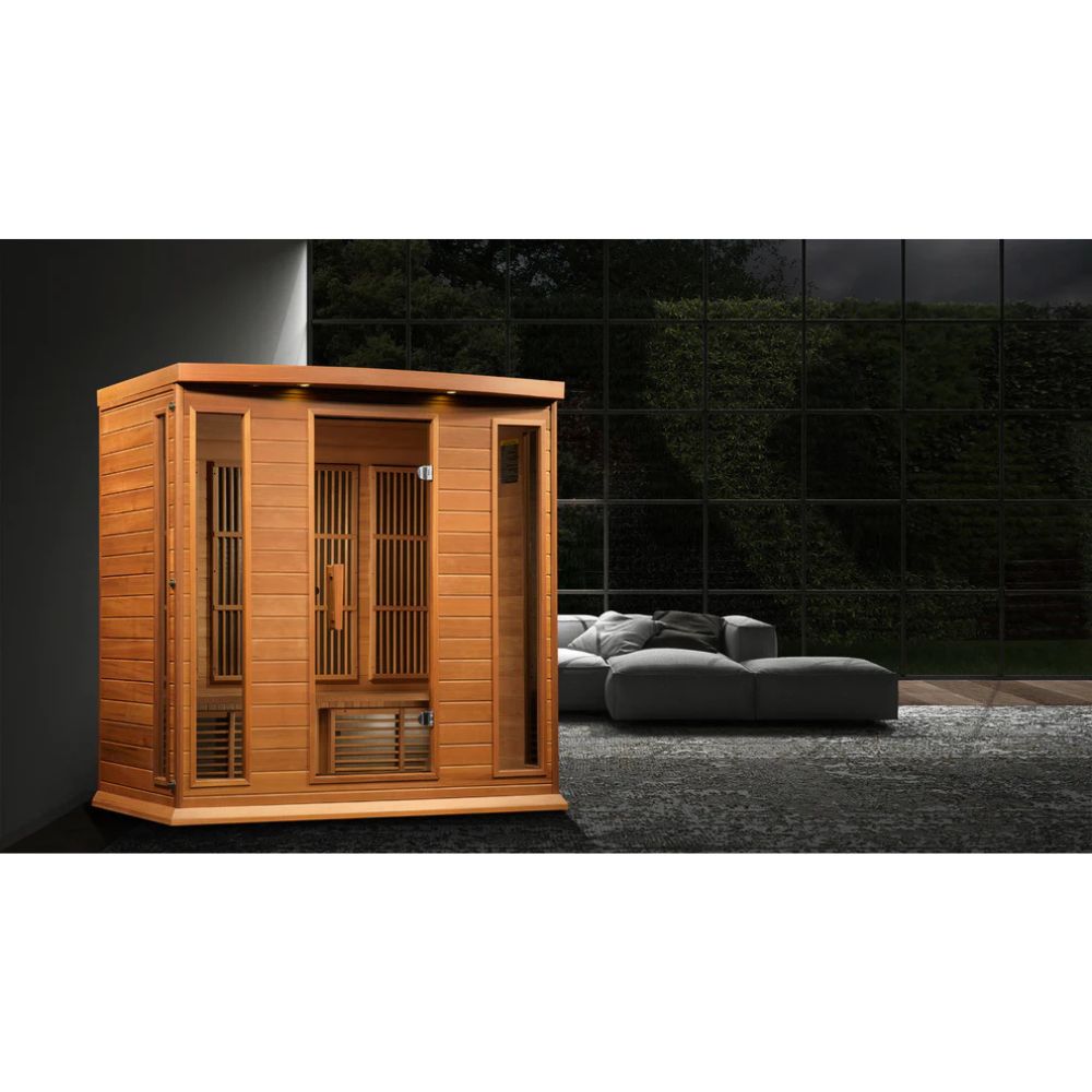 Wooden sauna in an outdoor setting with a dark background