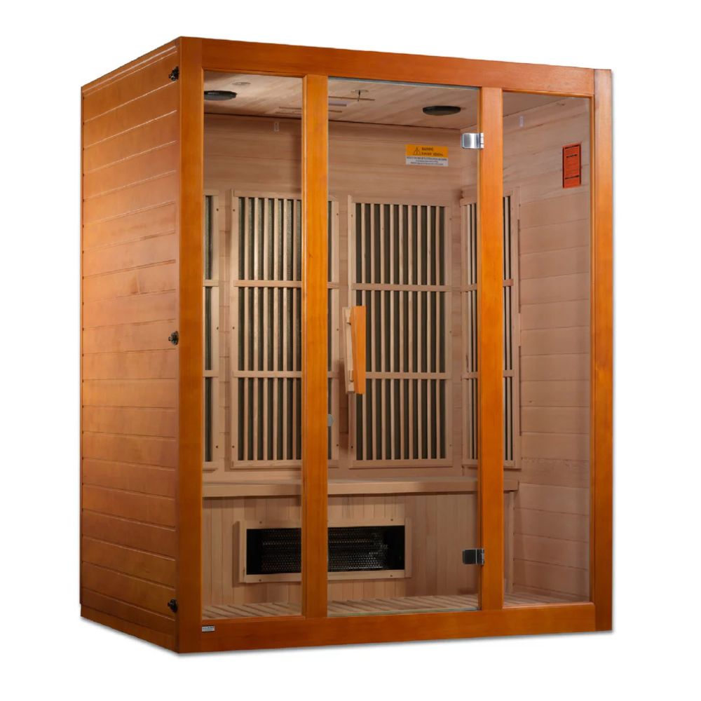 Wooden sauna with glass doors on a white background