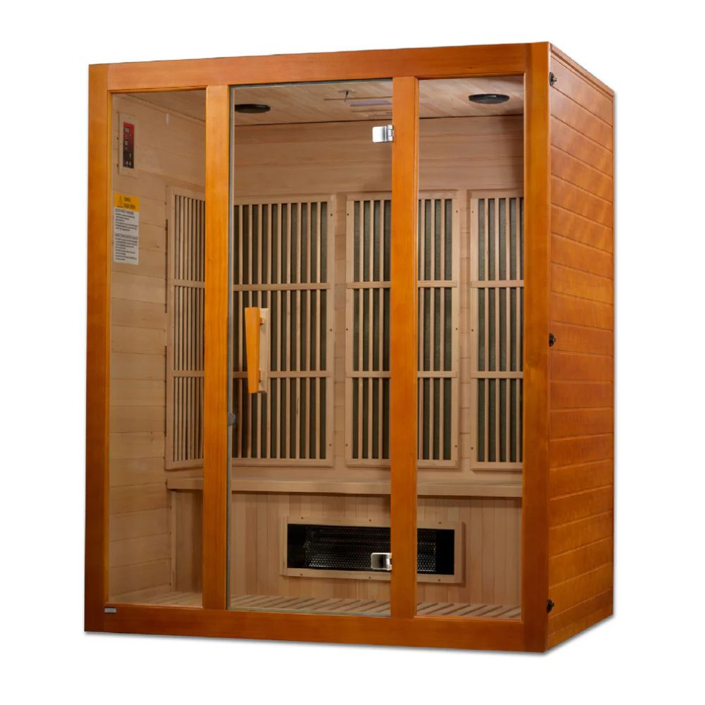 Wooden infrared sauna with glass doors on a white background