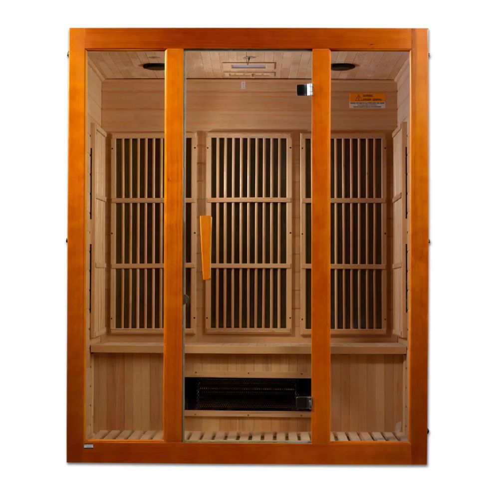 Wooden sauna with glass doors on a white background