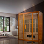 Wooden sauna room in a modern living space with large windows.