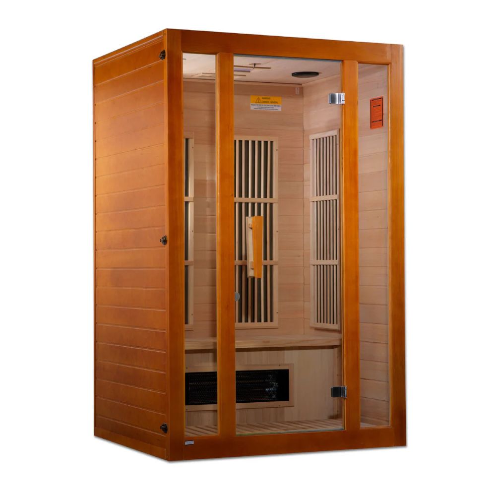 Wooden infrared sauna with glass doors on a white background