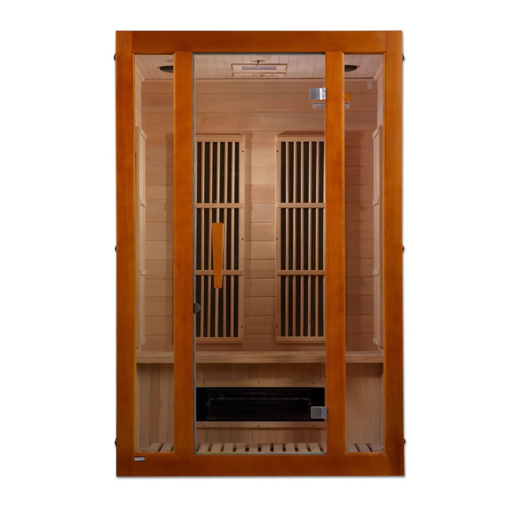 Wooden sauna with glass doors on a white background