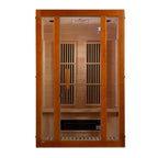 Wooden sauna with glass doors on a white background