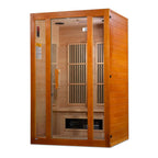 Wooden sauna with glass doors on a white background
