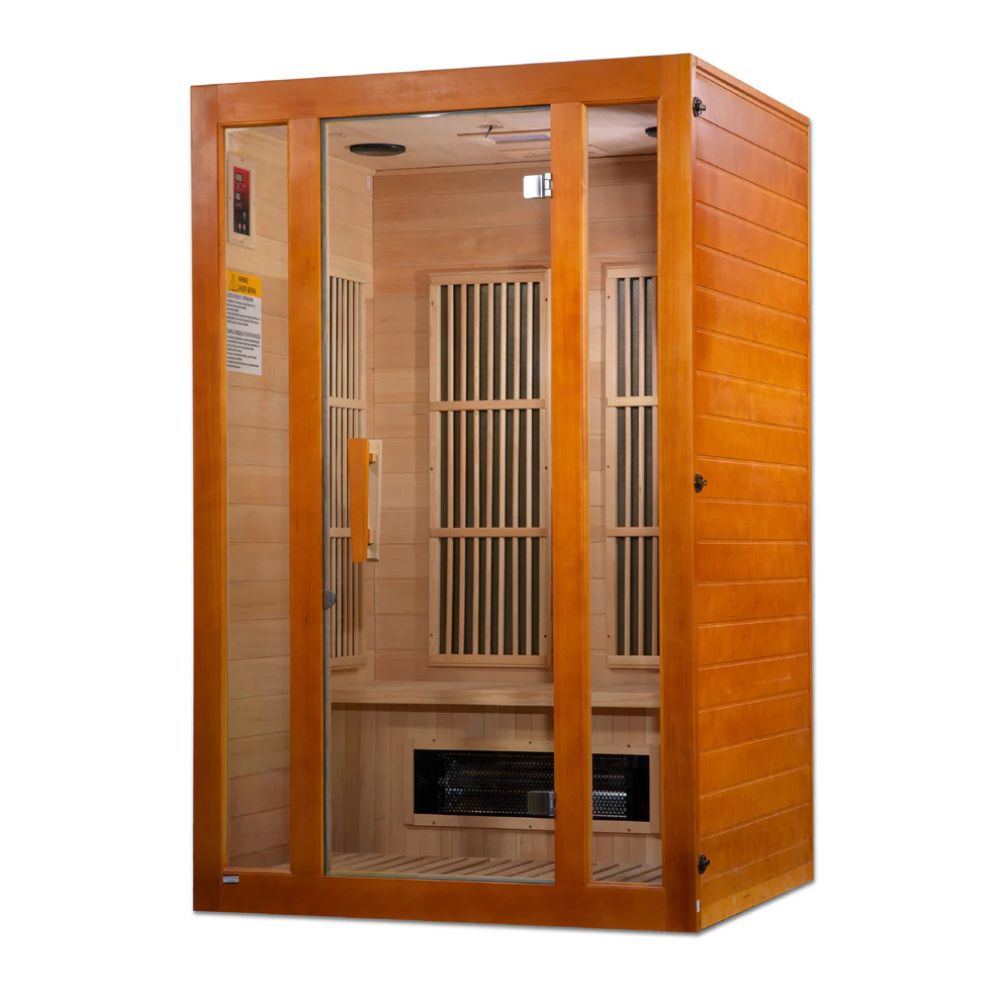 Wooden sauna with glass doors on a white background