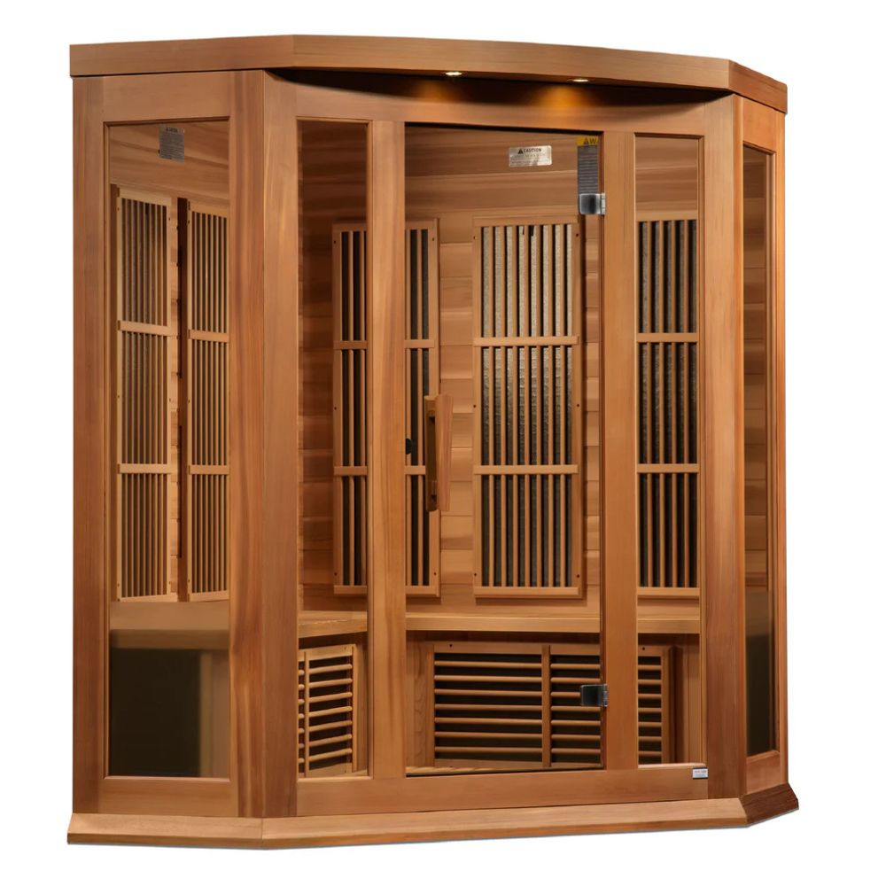 Wooden sauna with glass panels on a white background