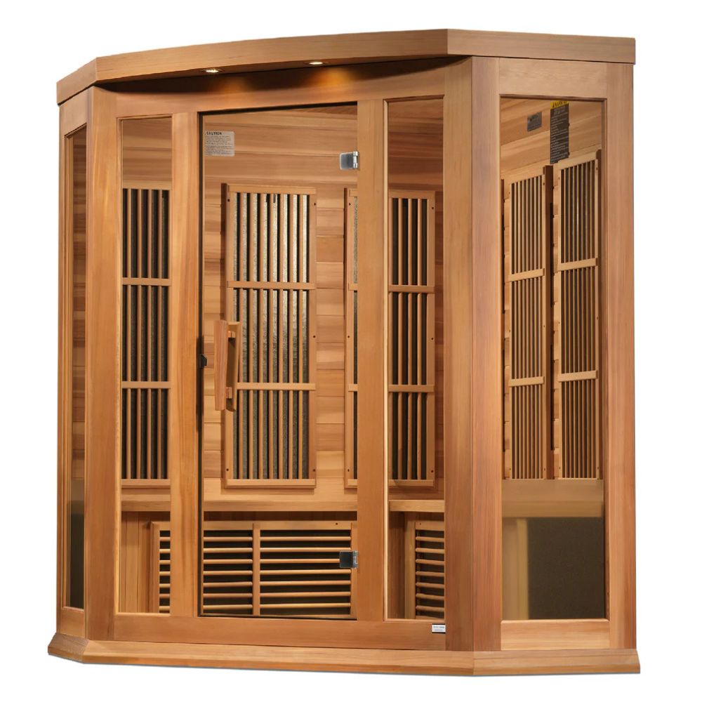 Wooden sauna with glass panels on a white background