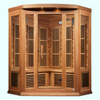 Wooden sauna with glass panels on a white background
