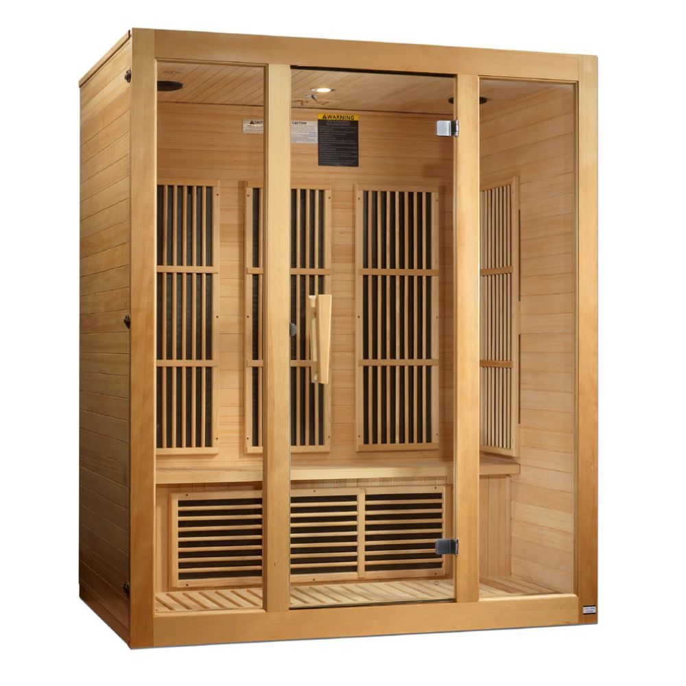 Wooden infrared sauna with glass doors on a white background